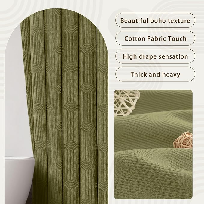 Awellife Boho Shower Curtains for Bathroom Cotton Fabric Touch Matcha Green Bohemian Mid Century Minimalist Arch 72" L X 72" W