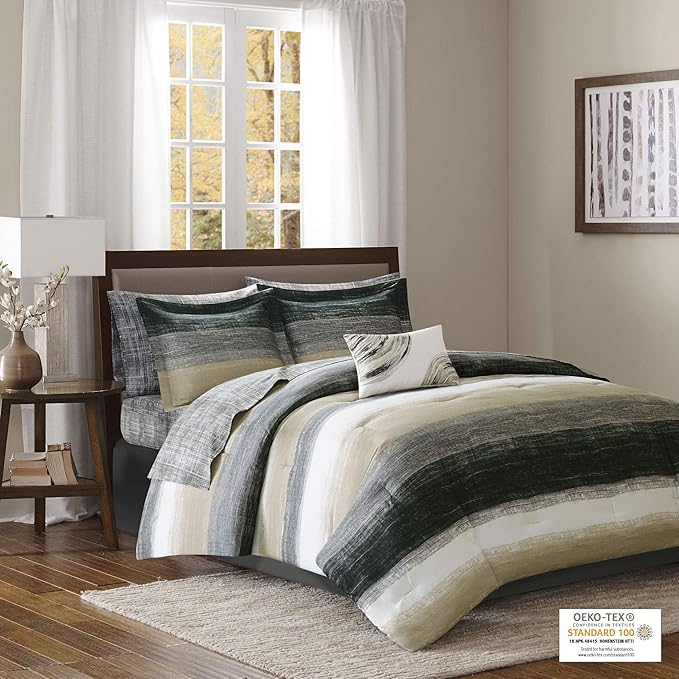 Madison Park Essentials Twin Comforter Set, Bed in a Bag Twin, Watercolor Print Coastal Comforter & Chambray Cotton Sheet Set, All Season Bedding Set, Saben, Taupe Twin (68 in x 86 in) 7 Piece