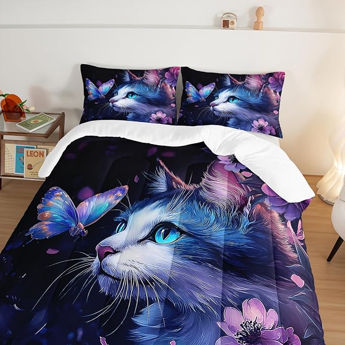 Kids Cat Comforter Set Queen Size,Fantasy Cats Butterfly Flowers Bedding Set for Kids Girls Kawaii Room Decor,Cute Little Animal Themed Toddler Bedding Set with 2 Pillowcases.