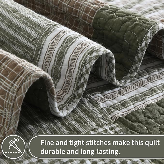 KALOOLA Plaid King Quilt Set, 100% Cotton Green Beige King Bedding Set 3 Pieces, Farmhouse Lightweight Bedspread Coverlet for All Seasons, 1 Quilt 2 Pillowshams
