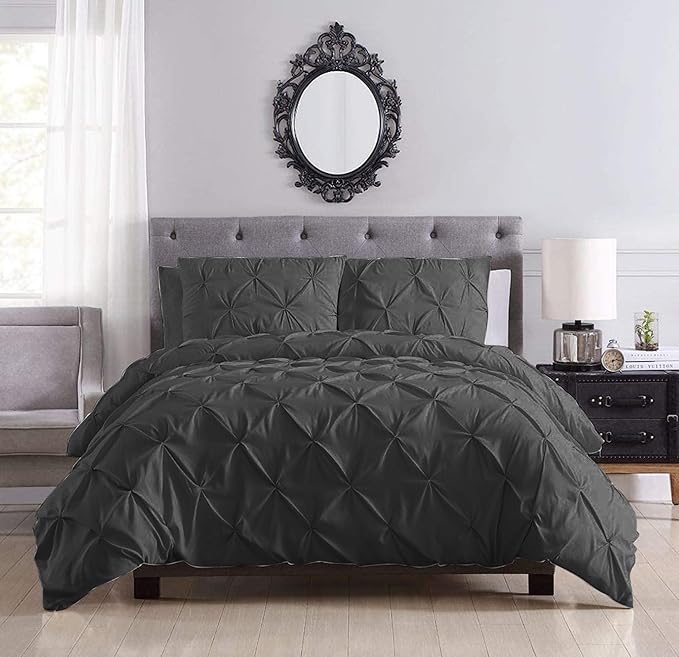Pinch Pleated Duvet Cover Set 100% Cotton 3PC Oversize Plus Size 128x120 Duvet Cover Set, Decorative Pinch Design Dark Grey Duvet Cover with Matching Pillow Case