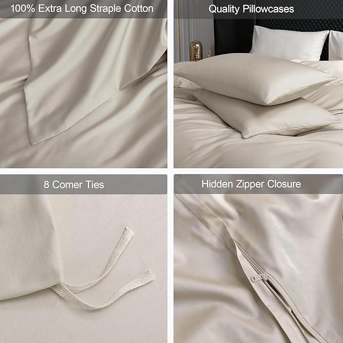 MooMee Duvet Cover Set 100% Extra Long Staple Cotton 600 Thread Count Silky Sateen Smooth Luxury Soft Breathable Durable Hotel Quality Bedding, 3 Pieces (Beige, King 104"x90")