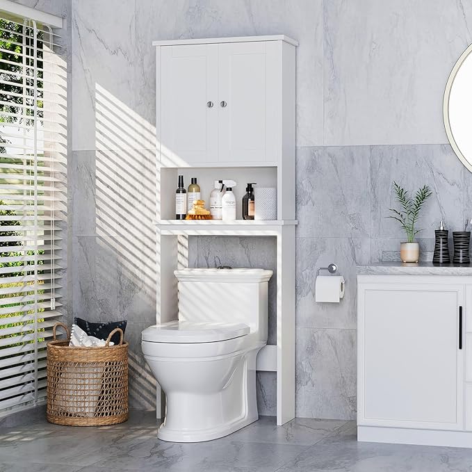 Meilocar Over The Toilet Storage Cabinet, Bathroom Storage Cabinet Over Toilet, Space Saver W/Adjustable Shelf & Open Shelf, White