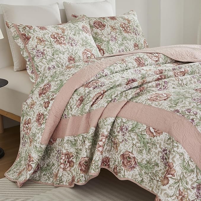 Brandeam Queen Size Quilt Set Cotton Pink Floral Quilts Country Rustic Patchwork Quilts Lightweight Summer Bedspread 3-Piece