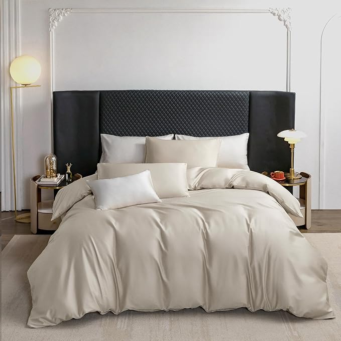 MooMee Duvet Cover Set 100% Extra Long Staple Cotton 600 Thread Count Silky Sateen Smooth Luxury Soft Breathable Durable Hotel Quality Bedding, 3 Pieces (Beige, King 104"x90")