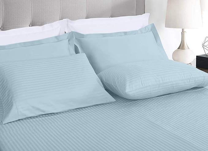 Threadmill 100% Cotton Sheets for Twin Size Bed - 600 Thread Count Twin Bed Sheets Set with 15” Deep Pocket - Damask Stripe Sateen Weave 3-Piece Bedding Set with Cooling Effect, Blue