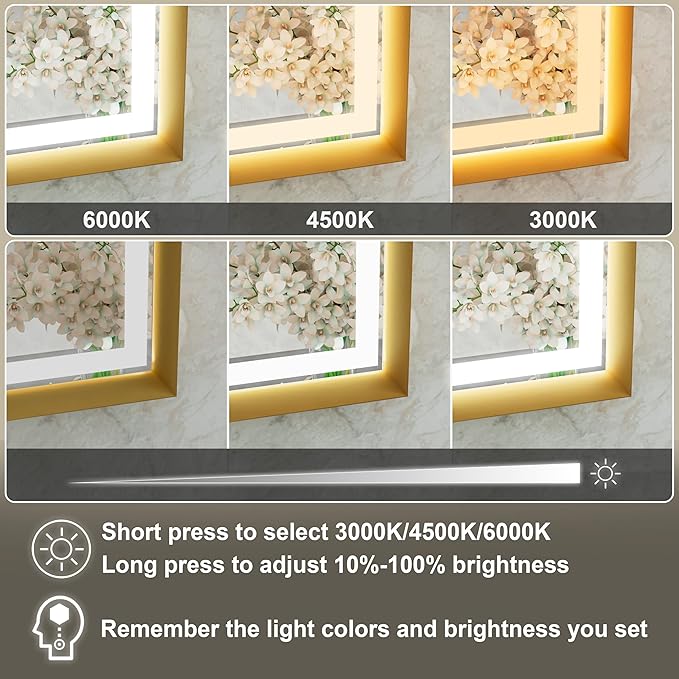 24x36 Inch Gold LED Mirror for Bathroom, 3 Color Temperatures (3000K/4500K/6000K), Anti-Fog, Dimmable Lights, Memory Function, Horizontal/Vertical Wall Mounted