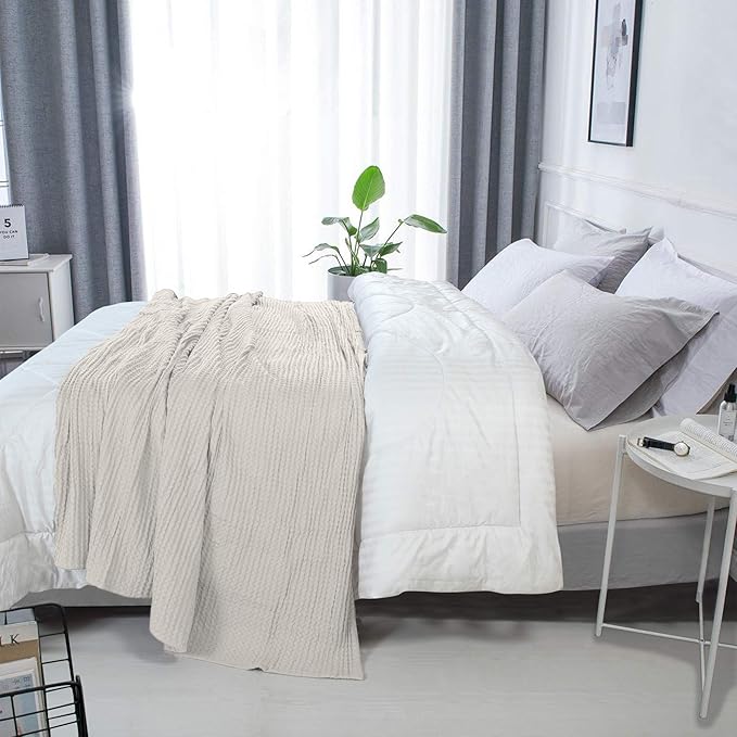 HILLFAIR 100% Combed Cotton Blanket– King Size Bed Blankets– Warm Soft All Season Breathable Lightweight Summer Blankets– Waffle Weave Home Decor Bed Blanket- Ivory King Bed Cotton Blankets/Bedcovers