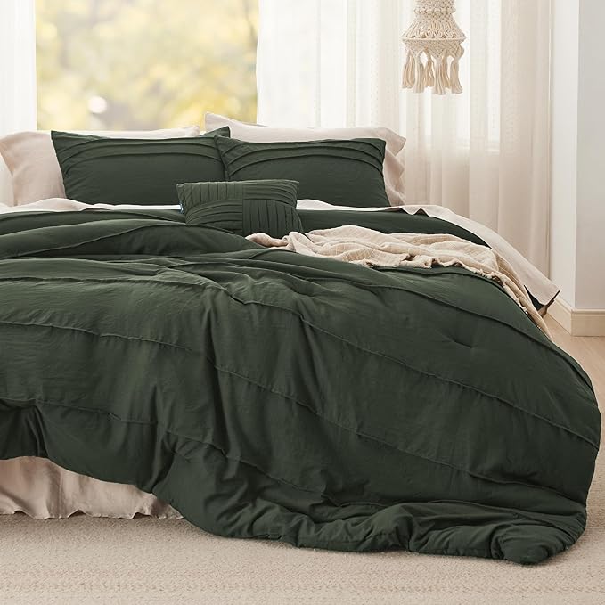 Bedsure Full Comforter Set - 4 Pieces Pinch Pleat Bed Set, Olive Green Boho Bedding for All Season, 1 Soft Comforter, 2 Pillowcases, 1 Decorative Pillow