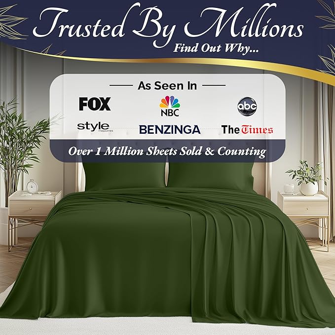 DECOLURE 100% Viscose Derived from Bamboo Sheets Queen Size 4pcs - Ultra Soft & Luxuriously Cooling, 17" Deep Pocket, Double Stitching, Perfect for Hot Sleepers - Queen Bed Sheets (Olive)