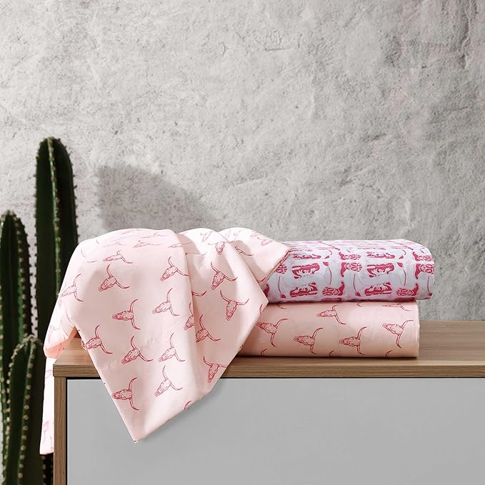 Wrangler - Twin Bed Sheets, Ultra-Soft & Lightweight Bedding with Matching Pillowcase, Lightweight Bed Set for All Season Comfort, Oeko-Tex Certified (Steer Skulls Pink)