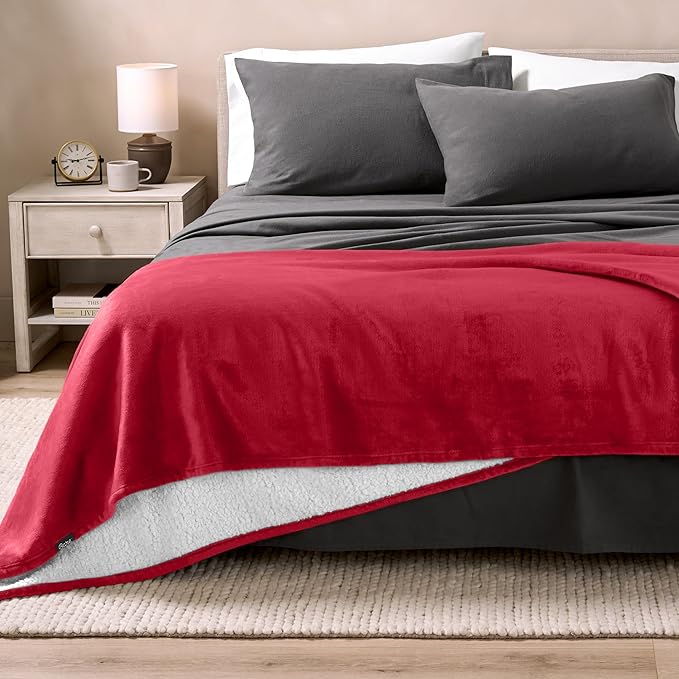 Bare Home Sherpa Fleece Blanket - Throw/Travel Size - Blanket for Bed, Sofa, and Couch - Warm & Lightweight - Fluffy & Soft - Reversible (Throw/Travel, Red)