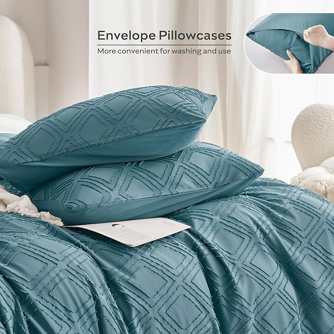 JELLYMONI Duvet Cover Queen Size Grayish Blue - 3PCS Boho Duvet Cover Set Plaid Polyester Tufted Bohemian Jacquard Knit Textured Comforter Cover 90×90in Rhombic Geometric Pattern Zipper Corner Tie