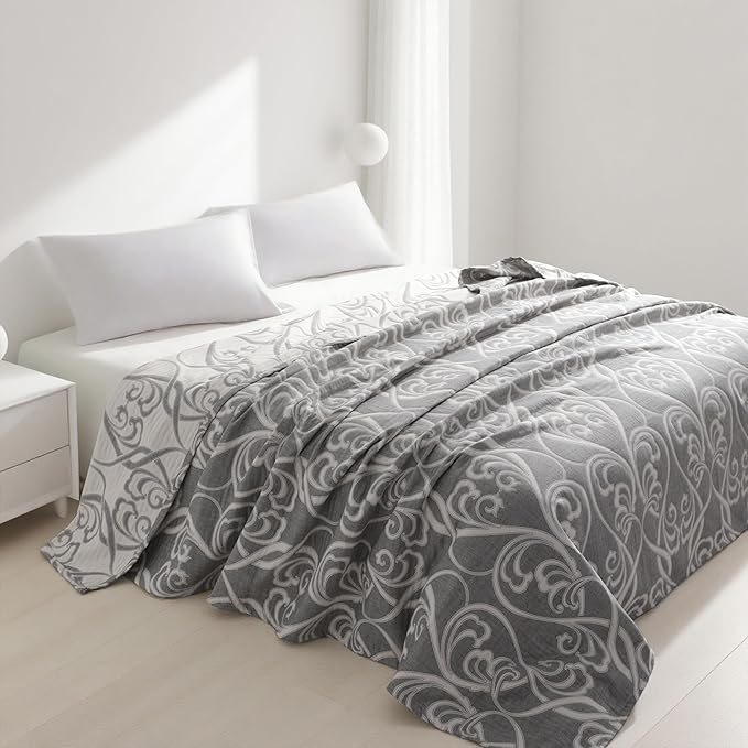 NTBAY 3 Layers Cotton Muslin 88x92 Queen Bed Blanket, Super Soft Breathable Thermal Yarn Dyed Quilt for Adults, Perfect Lightweight Blanket for Couch Sofa Bed All Seasons, Grey Paisley