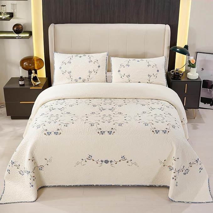 Quilt Set Blue Floral 3D Embroidery Pattern 3 PCS 100% Cotton Reversible Quilted Embroidered Decorative Bedspreads Coverlet Set, Lightweight &Soft King Size White Bedding Coverlet for All Season