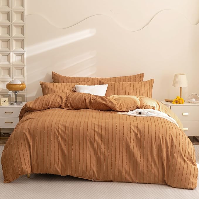 JELLYMONI Duvet Cover King Size Rust - 3PCS Boho Striped Duvet Cover Set Polyester Tufted Bohemian Textured Comforter Cover 104×90in with Corner Ties & Zipper and 2 Pillowcases