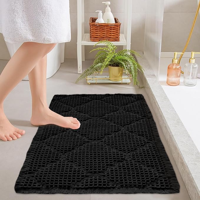 ZALL Black Waffle Bath Mat,Super Absorbent Non Slip Bathroom Rug,18x30inch, Geometric Diamond Machine Washable Ultra Soft Floor Mats