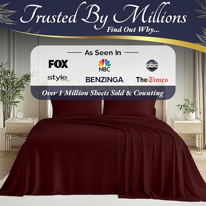 DECOLURE 100% Viscose Derived from Bamboo Sheets Cal King Size 4pcs - Ultra Soft & Luxuriously Cooling, 17" Deep Pocket, Double Stitching, Perfect for Hot Sleepers - King Bed Sheets (Burgundy)