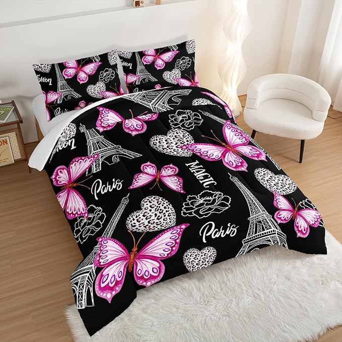 Pink Butterfly Comforter Twin Bedding Sets for Girls, Eiffel Tower Leopard Heart Pattern Bedding Sets with 2 Pillowcases,Aesthetic Bedding for Women Girls Bedroom Paris Decor.