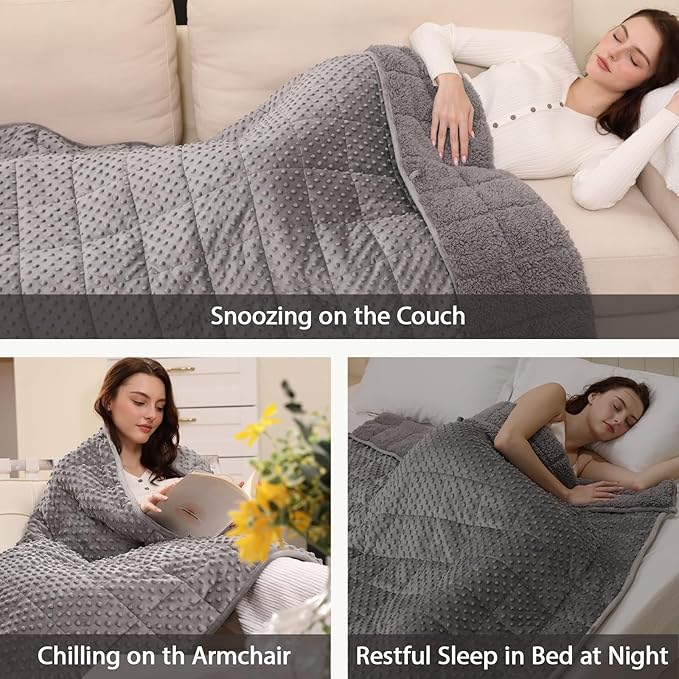 Minky Dot Weighted Blanket for Adults Twin Size 12 lbs, Warm Sherpa Snuggle Heavy Blanket for Autumn Winter with Glass Beads, Great for Stress Relief and Sleep Promotion, Grey 48 x 72 inches