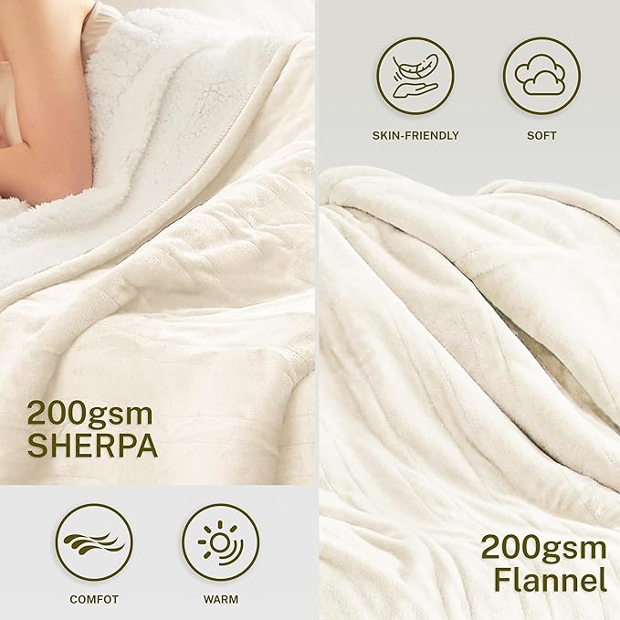 Heat Blanket 72”x84” Full Size,Soft Flannel & Sherpa Reversible Electric Blanket with 10 Heat Settings,12 Timer Setting and 8 Hours Auto-Shut Off,ETL Certified Machine Washable,Ivory