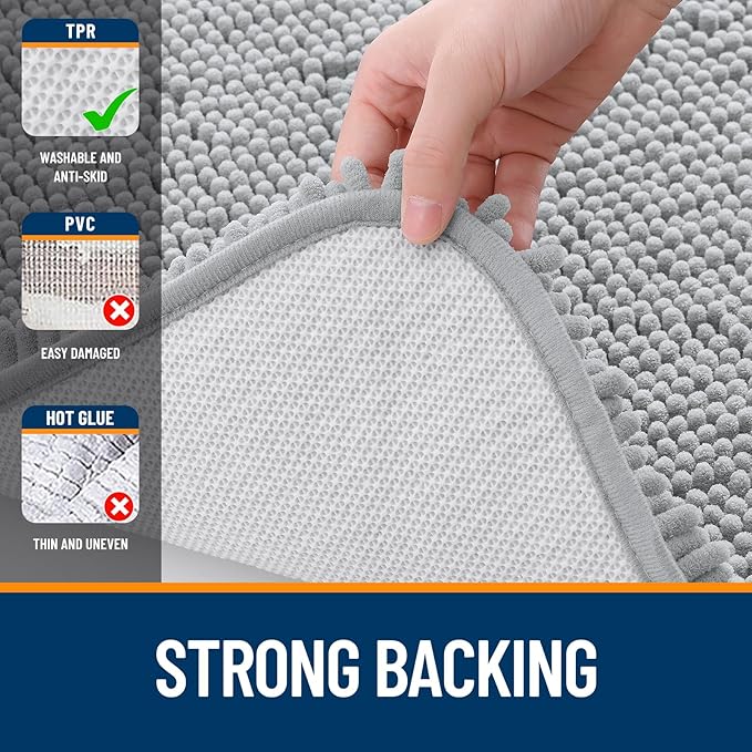 OLANLY Bathroom Rugs 47x24, Extra Soft Absorbent Chenille Bath Rugs, Rubber Backing Quick Dry, Machine Washable Bath Mats for Bathroom Floor, Tub and Shower, Home Decor Accessories, Light Grey