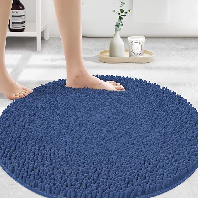 MAYSHINE Round Area Rug Set for Bathroom | Soft Plush Chenille Bath Mat, Water Absorbent Non-Slip Bathroom Rug | Washable Shag Carpet for Shower, Bedroom, or Home Décor | 48"x48" (Round) | Dark Blue