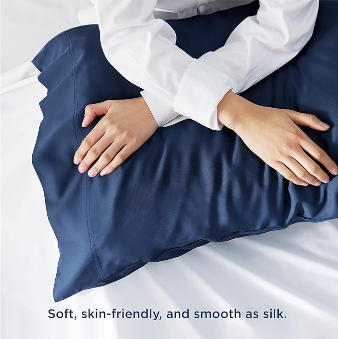 Bedsure Pillow Cases Queen, Cooling Pillow Cases, Rayon Derived from Bamboo Queen Pillowcases Set of 2, Silky Soft & Breathable Bedding Pillow Covers with Envelope Closure, Navy Blue, 20x30 Inches