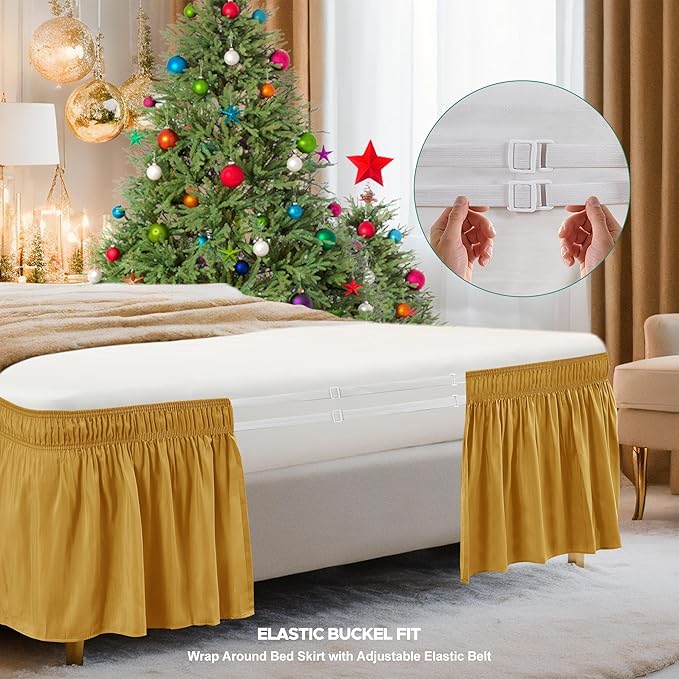Biscaynebay Wrap Around Bed Skirts for King & Cal King Beds 15" Drop, Christmas Gold Adjustable Elastic Dust Ruffles Easy Fit Wrinkle & Fade Resistant Silky Luxurious Fabric Machine Washable