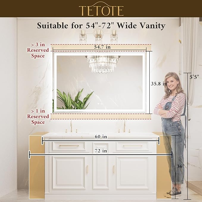 TETOTE 55 x 36 Inch Led Lighted Mirror for Bathroom Wall, Extra-Bright Beveled Bathroom Vanity Frontlit & Backlit Frameless Mirror with 3-Color Lights, Defogging, Tempered Glass, Waterproof