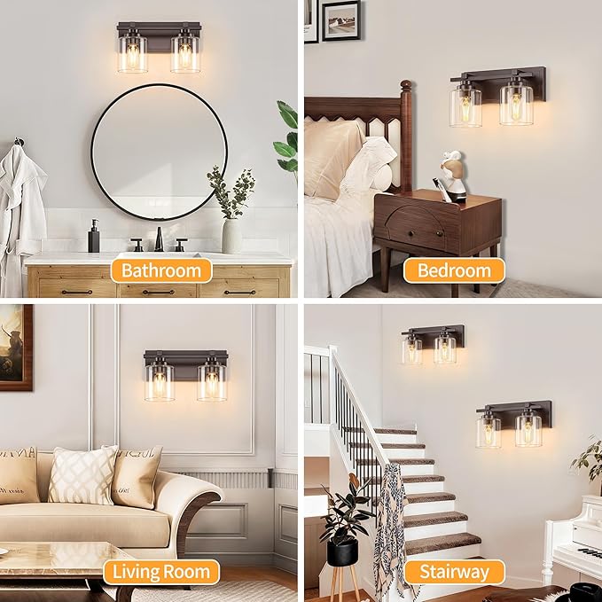 2 Light Modern Bathroom Light Fixtures Over Mirror, Bronze Finish Vanity Lights for Bathroom Wall Sconces with Clear Glass Shades, E26 Socket (Bulbs Not Included)