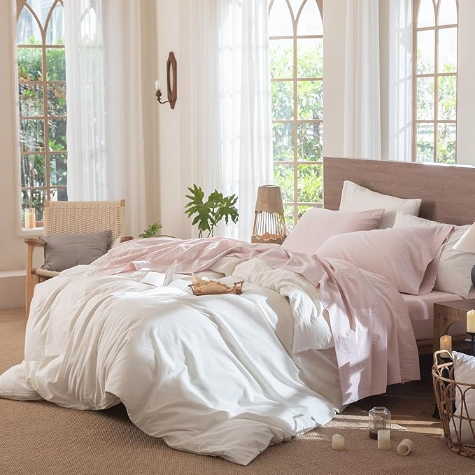 MooMee Bedding Sheet Set 100% Washed Cotton Linen Like Textured Breathable Durable Soft Comfy (Heathered Greyish Pink, Twin)
