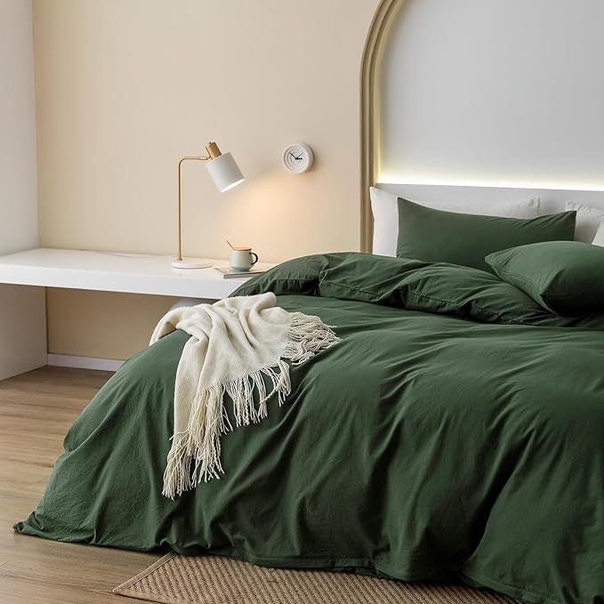 JIYUAN 100% Washed Cotton Duvet Cover Set 3 Pieces Oversized Queen, 1 Duvet Cover 98x98 Inches(Comforter Not Included) and 2 Pillowcases,Linen Feel Bedding Set Comfy and Breathable,Forest Green