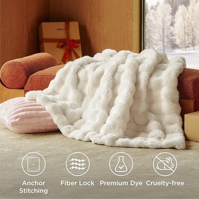 Bedsure GentleSoft Fluffy Faux Fur Blanket Twin Size, Fuzzy Soft Bubble Blanket for Couch, Faux Fur Decor for Home Bedroom Living Room, Thick Furry Cozy Gifts for Women, Cream, 60x80 Inch