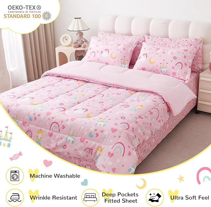 Viviland Kids Twin Bedding Sets for Girls, Soft Twin Comforter Set with Sheets, 5 Pieces Microfiber Bed in a Bag, Pink Castle Unicorn