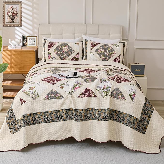 Cmfshape Floral Quilt Sets Bedspread Set 100% Cotton Patchwork Bedding Set,All Season Use Lightweight Reversible Coverlet Quilts with 2 Pillow Shams(King 106"x96")