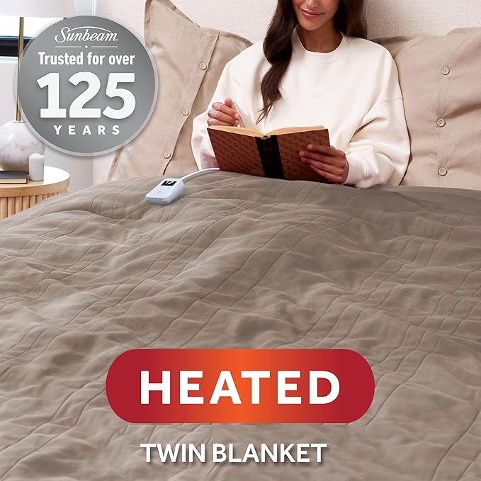 Sunbeam Electric Royal Luxe Microplush Heated Blanket, 12 Heat Settings, 12-Hour Auto Shut-Off, Fast Heating, Warm & Cozy, Machine Washable, Mushroom Color, Twin (84" x 62")