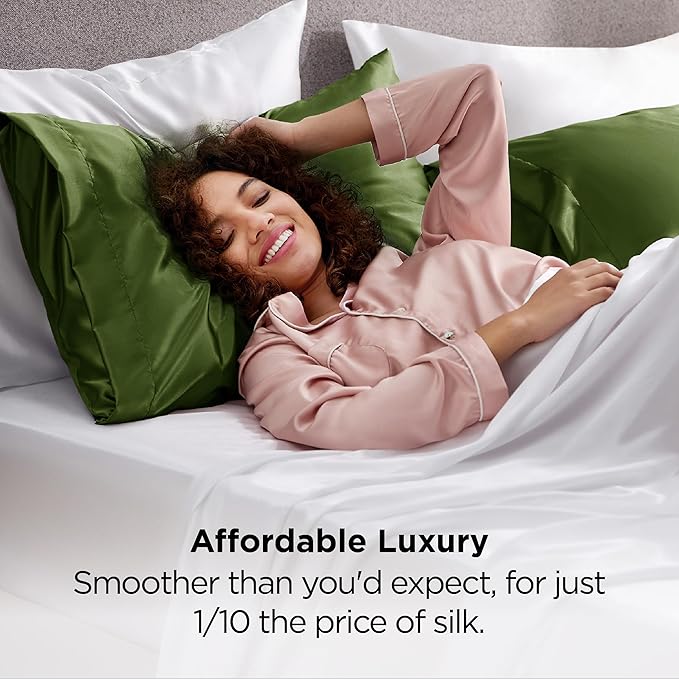 Bedsure Satin Pillowcase 2 Pack Similar to Silk Pillow Cases Standard Size, Pillow Case for Sleeping Women with Envelope Closure, Gifts for Women Men, Moss, 20x26 Inches, 2pcs