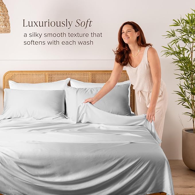 Bare Home 100% Rayon Made from Bamboo Split Head Flex King Sheet Set - 4 Piece Bedding Set - Deep Pockets - Breathable - Easy Fit - Bedding Sheets & Pillowcases (Split Head Flex King, Cloud Grey)