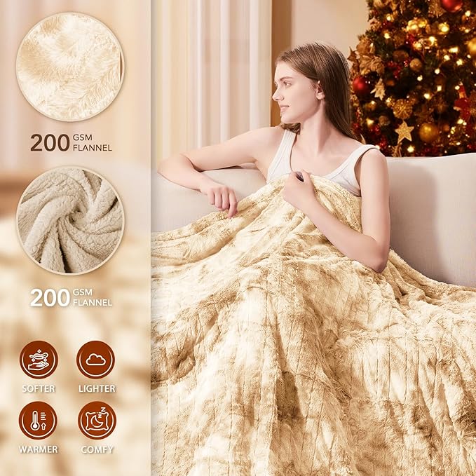 Homemate Heated Blanket Electric Throw - 50"x60" Heating Blanket Throw 1/2/4/6/8 Hours Auto-Off 10 Heat Levels Over-Heat Protection Luxury Faux Fur Sherpa ETL Certification