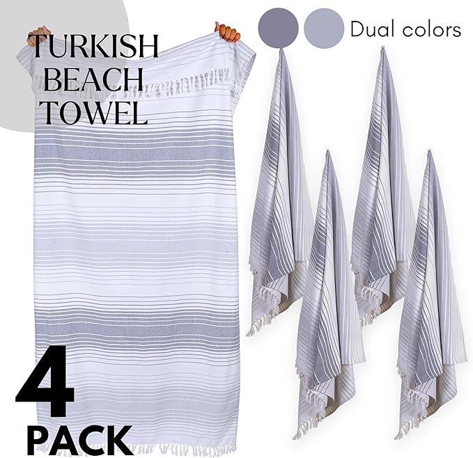 Native Fab Oversized Beach Towel, 4 Pack, 40x71 inches 100% Cotton Turkish Peshtemal for Adults,Soft & Absorbent, Extra Large Beach Towel for Hammam Spa Beach Blanket Bath, Cabana Strips, Grey White