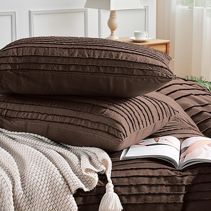 NEXHOME PRO Duvet Cover Queen Size, Blue 3 Pieces Boho Tufted Duvet Cover Set, Soft and Lightweight Microfiber Comforter Cover Set for All Season(Dark Brown,90 x 90)-No Comforter