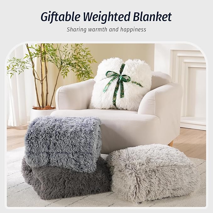 Wemore Shaggy Long Fur Faux Fur Weighted Blanket, Cozy and Plush Sherpa Long Hair Blanket for Adult 20lbs, Fluffy Fuzzy Sherpa Reverse Heavy Blanket for Bed, Couch, Backprint Navy Blue, 60 x 80 Inches