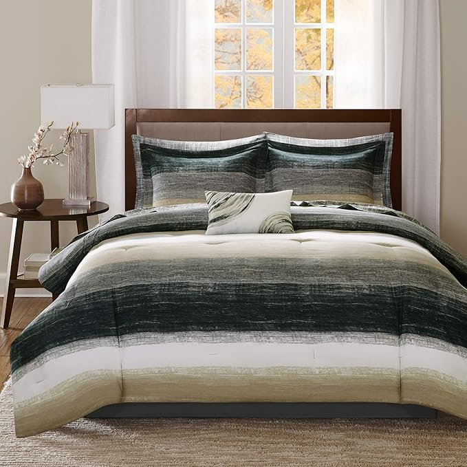 Madison Park Essentials Full Comforter Set, Bed in a Bag Full, Watercolor Print Coastal Comforter & Chambray Cotton Sheet Set, All Season Bedding Set, Saben, Taupe Full (78 in x 86 in) 9 Piece