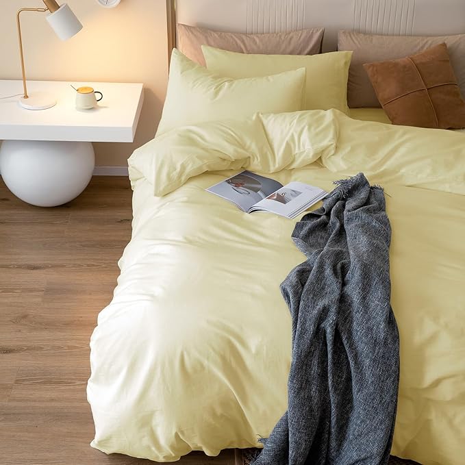 JIYUAN 100% Washed Cotton Duvet Cover Set 3 Pieces King, 1 Duvet Cover 104x90 Inches(Comforter Not Included) and 2 Pillowcases,Linen Feel Bedding Set Comfy and Breathable,Light Yellow