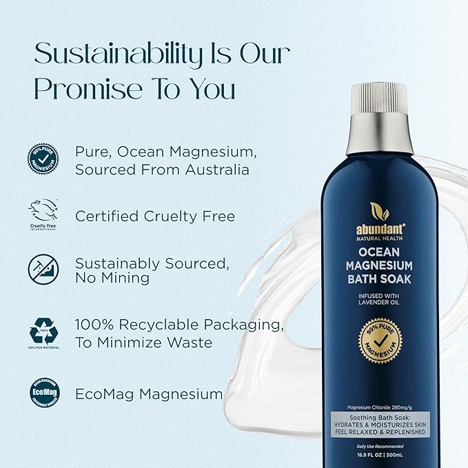 Ocean Magnesium Bath Soak Infused with Lavender Oil to Hydrate, Soothe and Moisturize Skin, Relax and Replenish Muscles, Highly Concentrated Pure Magnesium Salts, 500mL