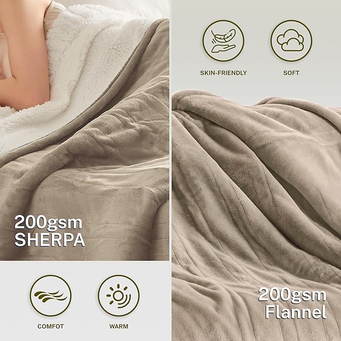 Heat Blanket 72”x84” Full Size,Soft Flannel & Sherpa Reversible Electric Blanket with 10 Heat Settings,12 Timer Setting and 8 Hours Auto-Shut Off,ETL Certified Machine Washable,Light Brown