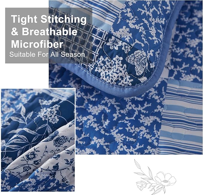 Mybedsoul Blue Boho Quilt Set Queen Size,3 Pieces Plaid Floral Bedspread Coverlet Set for All Season,Patchwork Reversible Bedding Set Queen 90"x96"