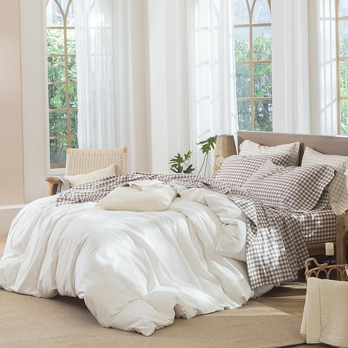 MooMee Gingham Sheet Set 100% Washed Cotton Linen Like Textured Breathable Soft w/Fully Elasticized 16-19" Deep Pocket (Classic Gingham Brown, King)