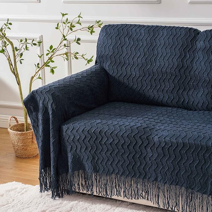 BATTILO HOME Navy Blue Throw Blanket for Couch, Textured Soft Navy Throw, Decorative Knitted Navy Blanket Throw for Sofa Bed Living Room, 50"x60"